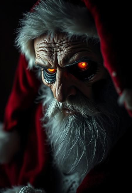 A old cyborg dressed as santa in a dramatic, chiaroscuro-style close-up portrait, his expression is evil and mysterious, his amber glowing eyes seeming to hold untold secrets. Deep shadows obscure his face. His crimson santa hat fur trim is faintly visible against the darkness.
