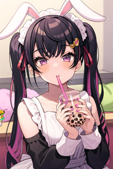 <lora:shigure:1>1girl, drinking straw, holding, phone, solo, stuffed toy, stuffed animal, hair ornament, ribbon, multicolored hair, hair ribbon, cellphone, animal ears, long hair, cup, hairclip, twintails, rabbit ears, holding phone, disposable cup, stuffed bunny, looking at viewer, detached sleeves, bangs, purple hair, blush, two-tone hair, nail polish, bubble tea, long sleeves, black hair, upper body, pink nails, star \(symbol\), maid headdress, bare shoulders, heart hair ornament, pink ribbon, parted lips, red ribbon, purple eyes, holding cup, heart, white shirt, white sleeves, smartphone, shirt, collarbone, split-color hair, plaid, frills, streaked hair, sleeveless