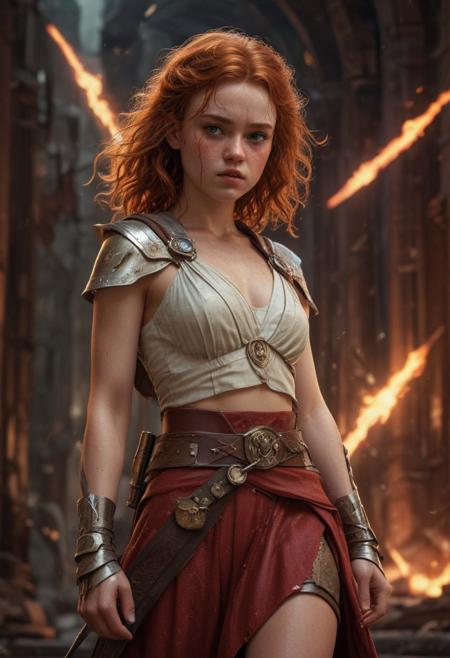 High resolution ultra-realistic of Beautiful Sadie Sink as Jedi Knightess, 8k, capturing the intensity of the moment, cinematic lighting, standing on a bloody and stormy battlefield in bloody battle, wavy red hair, realistic dirty pale face, realistic brown eyes, beautiful hourglass figure, burning in a Star Wars Town, intricately designed Jedi robes, red mini skirt, Star Wars Aesthetic, perfect athletic figure, beautiful Jedi Knightess, fire, ultra realistic, cinematic style, vigorous and seductive, athletic figure, Star Wars style, dramatic lighting, wet and sweaty skin, dirty skin, athletic figure, dark fantasy, dramatic lighting, Greg Rutkowski style, Jedi Knightess on in Jedi dress, hyper-detailed, hyper-realistic, bright colours, Attractive 21 old years girl, Attractive, beautiful firm Breasts, sharp focus, digital painting, Photograph Taken on Nikon D750, Alphonse Mucha, 8K, athletic figure, Hyperdetailed, hyperrealism, Attractive, Attractive bust girl, asymmetric balance