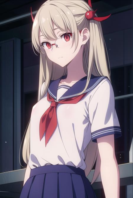 kotonesasaki, <lora:kotonesasakitest:0.8>,
kotone sasaki, long hair, (red eyes:1.5), glasses, blonde hair, hair pin, (small breast:1.2),
BREAK sailor uniform, serafuku, blue sailor collar, short sleeves, skirt, blue skirt, school uniform,
BREAK looking at viewer,
BREAK indoors, classroom,
BREAK <lora:GoodHands-vanilla:1>, (masterpiece:1.2), best quality, high resolution, unity 8k wallpaper, (illustration:0.8), (beautiful detailed eyes:1.6), extremely detailed face, perfect lighting, extremely detailed CG, (perfect hands, perfect anatomy),