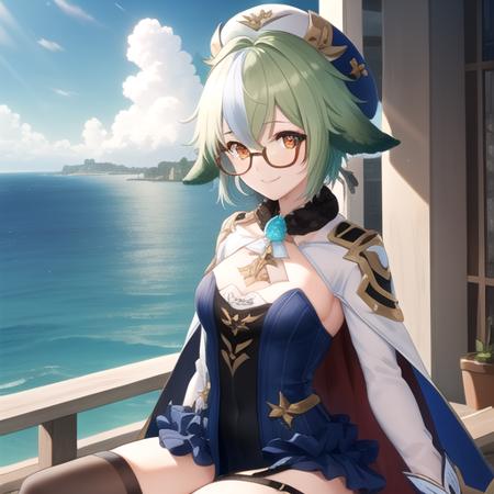 ((masterpiece)),(best quality),official art,extremely detailed CG,unity 8k wallpaper,ultra detailed,A lighthouse on a cliff by the sea,1girl,solo,upper body,looking at viewer,gloves,green_hair,hat,knee_boots,white_footwear,glasses,animal_ears,long_sleeves,long_hair,orange_eyes,gold_trim,multicolored_hair,smile,garter_straps,cat_ears,high_heels,black_thighhighs,semi-rimless_eyewear,ponytail,blue_dress,beret,cape,<lora:Sucrose(gen)>,