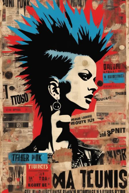 <lora:Punk Collage:1>Punk Collage - Create a vintage punk. rockmusic poster that embodies the rebellious and DIy spirit of the genre. Incorporate elements such as torn paper, safety pins, and bold typography to. capture theraw energy of punk. Use a bold and contrasting color palette with vibrant shades of red, black, and electric blue to create a visually striking and edgy poster.