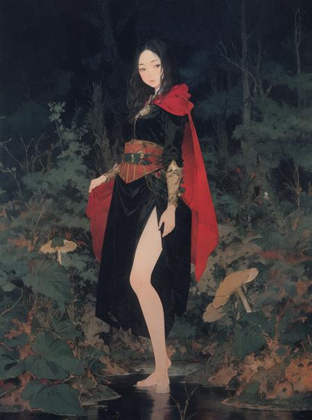 best quality,masterpiece,ultra high res,((1girl)),umino,looking at viewer,yosshi film,minimalism,gorgeous costume,pose,pine_tree,landscape,dark,gradient_background,leaves,bird,bug,cape,long hair,standing,weapon,mushrooms,<lora:Umino_v02_dp_aw:0.8>,