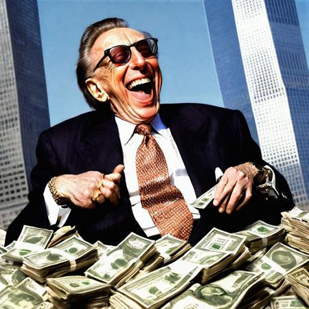Larry Silverstein laughing in a pile of money in front of a smoking World Trade Center
