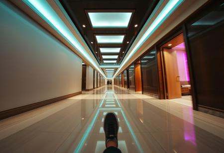 score_9, score_8_up, score_7_up, score_6_up, Ultra-realistic first-person POV video, as if a head-mounted camera races down a brand-new hotel corridor at night, with full physics-driven motion. The hallway is immaculate: smooth, cream-colored walls without blemish, glossy dark wood paneling, and perfectly aligned polished tile floors that reflect every flicker of light. Ceiling-mounted LED panels pulse softly in alternating teal and violet phosphorescent hues, casting an otherworldly glow across the corridor. Every guest room door stands ajar, each revealing a glimpse of something immaculate or slightly messy.
The camera’s movement is governed by a physics simulation: each footfall produces a realistic head-bob and inertial sway. When the runner’s shoe contacts the tile, the view shifts slightly—micro-jolts, subtle vertical displacement, and gentle lateral drift—mirroring the nuances of uneven pace. Tiny dust motes, recently disturbed by maintenance, float for an instant in the scented air before settling.
Placed with clinical precision: a sleek housekeeping trolley with stainless steel rails and crisply folded white linens; a single designer rolling suitcase paused mid-tilt beside a gleaming room number plaque.
The atmosphere merges Liminal Space aesthetics with creeping kenophobia
Render in 4K ultra-realism with dynamic LED flicker, subtle CRT scanlines, depth-of-field and motion blur, plus physics-based camera bobbing to intensify the uncanny, hyper-real tension.