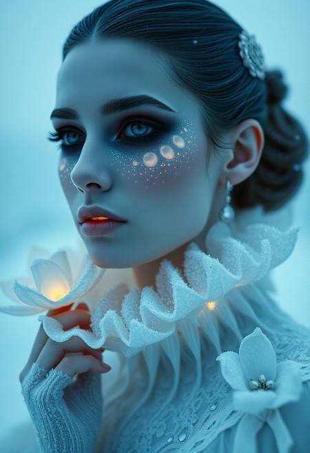 Ultra realistic portrait , By Eric Lacombe By Patrice Murciano Frostpunk Fashion Photography, white glacial blue, minimalism, smoked eye shadow, illuminated white bulging biomorphic dot pattern, glacial landscape, glacial flowers, bokeh snowflakes, volumetric particle dust, powdered paint pigment, vivid color, misty aether houte - couture rococo glacial clothing, holga medium format camera, etherial lighting, backlighting, in the style of, professional ominous concept art, by artgerm and greg rutkowski, an intricate, elegant, highly detailed digital painting, concept art, smooth, sharp focus, illustration, in the style of simon stalenhag, wayne barlowe, and igor kieryluk.
