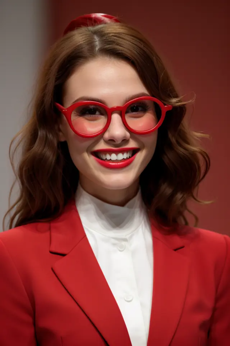 (red-glasses:1.2), 1 white girl, solo, teeth, grin, red coat, red theme, makeup, simple background, facing aside,<lora:CSG:0.6>,