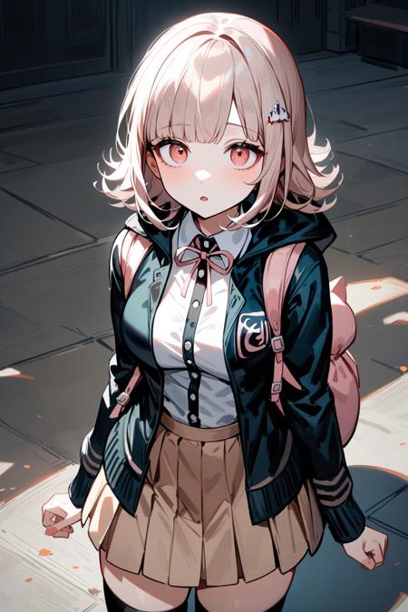 nanami chiaki,hair ornament,lack jacket,long sleeves,two-tone shirt,neck ribbon,brown skirt,thighhighs