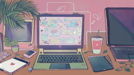 <lora:LoFi_Aesthetic-10:1> LoFi Aesthetic, masterpiece, best quality, no humans, computer, plant, laptop, leaf, phone, cup, monitor, keyboard \(computer\), flower, mouse \(computer\), food, still life, spoken heart, paper, cellphone, indoors, drawing tablet, pen, musical note, book, smartphone, heart