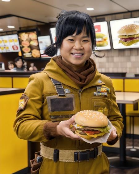 rosetico woman asian light beige skin black ponytail hair with bangs wearing gold coveralls and brown scarf metal greeble on left chest pocket wearing bandolier belt wearing brown boots