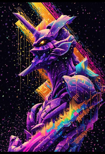7-EVA01  in the style of golden glitched rainbow. Snow is falling as holographic colored baroque geometric patterns float around the canvas in the style of colorful digital art. The image has a cyberpunk aesthetic with a glitchy distortion and psychedelic color palette. Black background, neon lights, glitch art, surrealism, high contrast, vibrant colors, psychedelic patterns, ethereal glow. The overall mood should be one of spiritual contemplation and otherworldly beauty. It's like something in the style of science fiction.