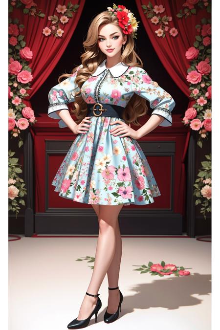 ((Masterpiece, best quality,edgQuality)),smirk,smug,
edgVTD, 1girl, solo, long hair, blonde hair, brown hair, full body,  flower, high heels, floral print ,wearing edgVTD
<lora:edgVintageTeaDress:1>