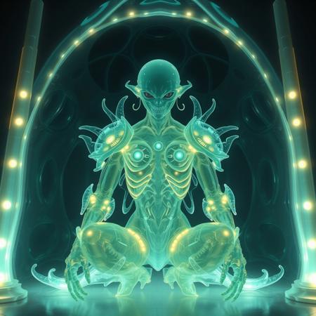 Masterpiece 4 protozoa/humanoid, bioluminescence translucent  body, with no ears and no nose, 32k, 16k, 8k, masterpiece, cinematic art, Kaiju bioluminescence translucent armor, sitting in a bioluminescence translucent bubble shape cathedral,