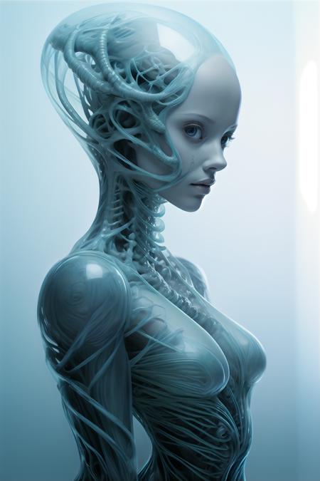 best quality,master piece,intricate details,nsfw,1girl,solo,(full body:1.4),(light smile),legs,simple background,brightly,lips,alien android,simple background,alien,brain in (transparent:1.2) skull,(organic helmet),a beautiful futuristic woman with a futuristic head,in the style of dark white and light aquamarine,translucent skin,undefined anatomy,eccentric detail placements,alien worlds,intricately sculpted,techpunk,spine,exo-skeleton,colored skin,upper body,closed mouth,breasts,depth of field,ultra hd,matte photo,bold yet graceful,intricate embellishments,8k resolution,<lora:alienskin:0.8>,<lora:cutegirl25d:0.3>,<lora:cumbersome-block:0.4>,