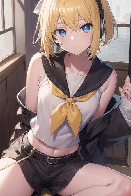 kagaminerin, <lora:rinkagaminetest:1>,
rin kagamine, blonde hair, blue eyes, hair bow, headset, short hair, headphones, (flat chest:1.2),
BREAK bare shoulders, belt, black sailor collar, black shorts, bow, crop top, detached sleeves, grey legwear, grey shorts, grey sleeves, hair bow, leg warmers, neckerchief, sailor collar, school uniform, shirt, short shorts, short sleeves, shorts, white bow, white footwear, white shirt, yellow neckerchief,
BREAK looking at viewer,
BREAK indoors, classroom,
BREAK <lora:GoodHands-vanilla:1>, (masterpiece:1.2), best quality, high resolution, unity 8k wallpaper, (illustration:0.8), (beautiful detailed eyes:1.6), extremely detailed face, perfect lighting, extremely detailed CG, (perfect hands, perfect anatomy),