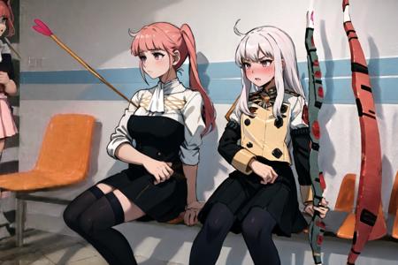 masterpiece, best quality, incrsshotbysonmeme, <lora:FatherShotBySonMeme:0.45>, holding, bow \(weapon\), holding weapon,
BREAK, hilda valentine goneril, twintails, hildauniform, blue thighhighs, <lora:Char_FireEmblem_Hilda:1>, pink hair, pink eyes, 
BREAK, lysitheauniform, uniform, long sleeves, blue pantyhose, <lora:Char_FireEmblem_Lysithea:1>, embarrassed, blush, sweat,