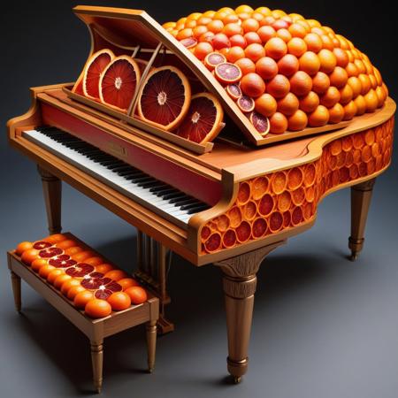 a piano made of blood oranges, blood orange style, masterpiece, best quality, highly detailed, sharp focus, dynamic lighting