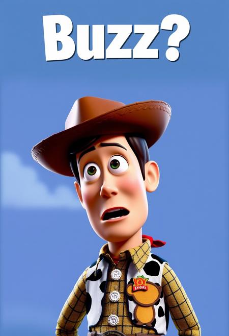 Surprised Woody looking around with white text on top "Buzz?" as a movie poster