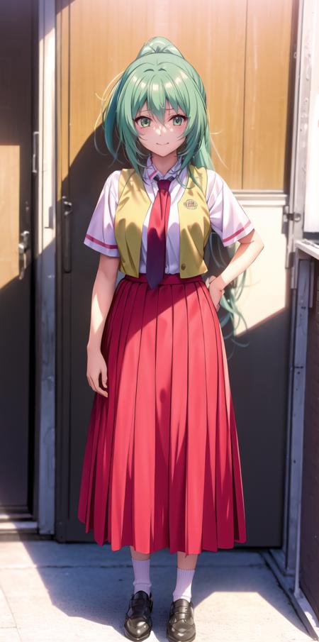 1girl, ponytail, green hair, long hair, green eyes, school uniform, collared shirt, red necktie, yellow vest, open vest, red skirt, shoes, socks, calm, short sleeves, breasts,
full body, standing.
<lora:SonozakiMion-000014:1>, sonozaki mion,
 <lora:dpep2 768:0.4>,  <lora:piromizu512:0.7>