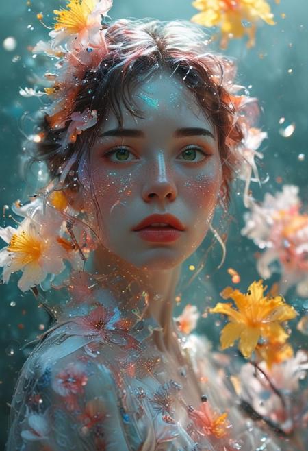 (huge source of light in the center:1.5), (Surrealism:1.5),epic composition,stunning intricate details,glowing, see through body, surrounded by a bright cyan glow, dark creating a sense of wonder and magic.rays of light, . energetic brushwork, bold colors, abstract forms, expressive, emotional . Eerie, unsettling, dark, spooky, suspenseful, grim, highly detailed  The overall ambiance of the illustration is clean, modern, and abstract, with a touch of surrealism., illustration background covered with glowing stars, there is a galaxy in the background at the top corners of the screen, falling stars colored in a bright purple hue, dynamic pose (with long long in kimono, cyberpunk, yellow_sun, teal background, red translucent magical glowing flowers:1.12), (green eyes:0.7), (black and red hair:1.15), (abstract:0.25), (art nouveau style:0.1), heart (masterpiece:1.2), (best quality:1.2), sharp focus, (8k), beautiful, high quality, (hightres:1.1),  pink hologram scifi white _james jean, floating female figure made of ribbons, smoke, in the sky, colorful and vibrant, mystical colors, contemporary impressionism, yanjun cheng portrait painting, iridescent painting, 3/4 perspective view, cute face, low angle, sweeping circling composition, large beautiful crystal eyes, big irises, UHD, HDR, 8K, (Masterpiece:1. 5), (the most beautiful portrait in the world:1.5) white