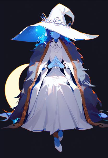 1girl,ranni the witch,white witch hat,blue ring,white dress,grey fur cloak,blue hair,blue eyes,one eye closed,blue skin,cracked skin,doll joints,extra arms,extra faces