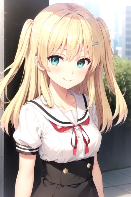 Hasekura Eiru very long hair,blonde hair,two side up,hair intakes,hair ornament,hairclip,sidelocks,hair between eyes,bangs,green eyes collarbone,school uniform,white sailor collar,white shirt,neck ribbon,red ribbon,medium breasts,skindentation,puffy short sleeves,high-waist skirt,black skirt,frilled skirt,lace-trimmed skirt,zettai ryouiki,white thighhighs,mary janes,black footwear