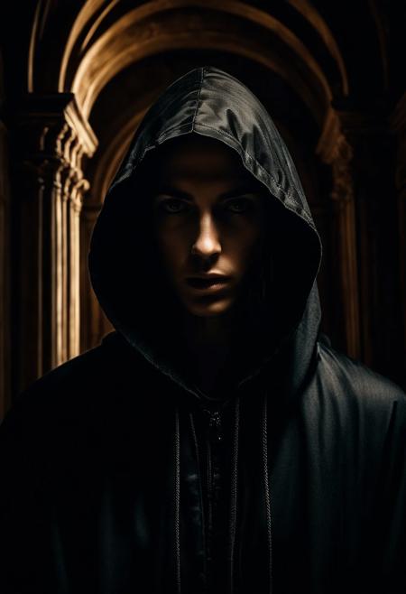Dark, Gothic-inspired portrait of a mysterious, hooded figure, intricate architecture and haunting, chiaroscuro lighting à la Caravaggio