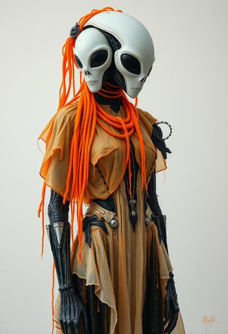 Ethereal minimalist Alien race cybergoth fashion photography painting, in the style of fluorecent orange, pearl_white black and silver, heavy use of palette knives, full body wide shot painting of teachment, intricate, sharp_focus, concept_art