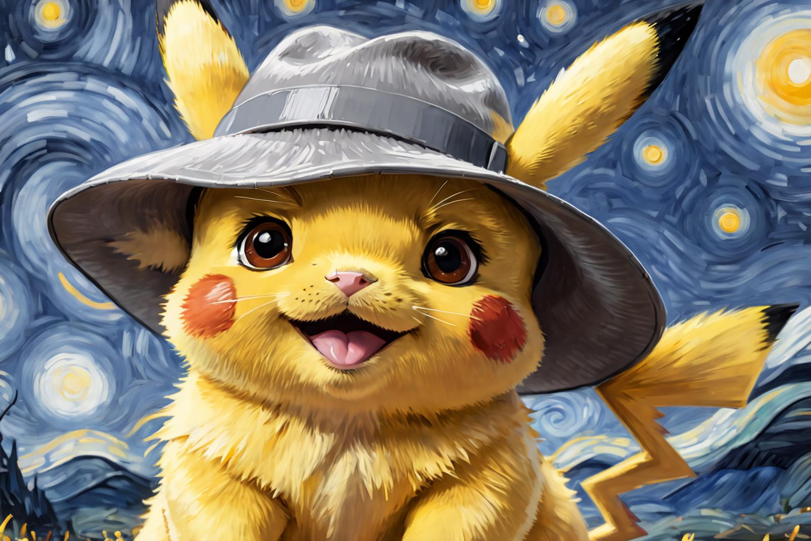 A Pikachu wearing a hat and smiling, with the night sky in the background.