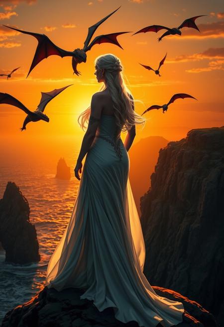 A sensual depiction of Daenerys Targaryen, the Mother of Dragons, standing on the edge of a cliff overlooking the sea at sunset. She wears a flowing, form-fitting gown that billows in the wind, her platinum hair cascading down her back. Her dragons circle above, casting long shadows across the rocky landscape. The warm, golden light of the setting sun enhances her ethereal beauty, creating a powerful and seductive presence as she gazes out over her kingdom with a fierce determination.