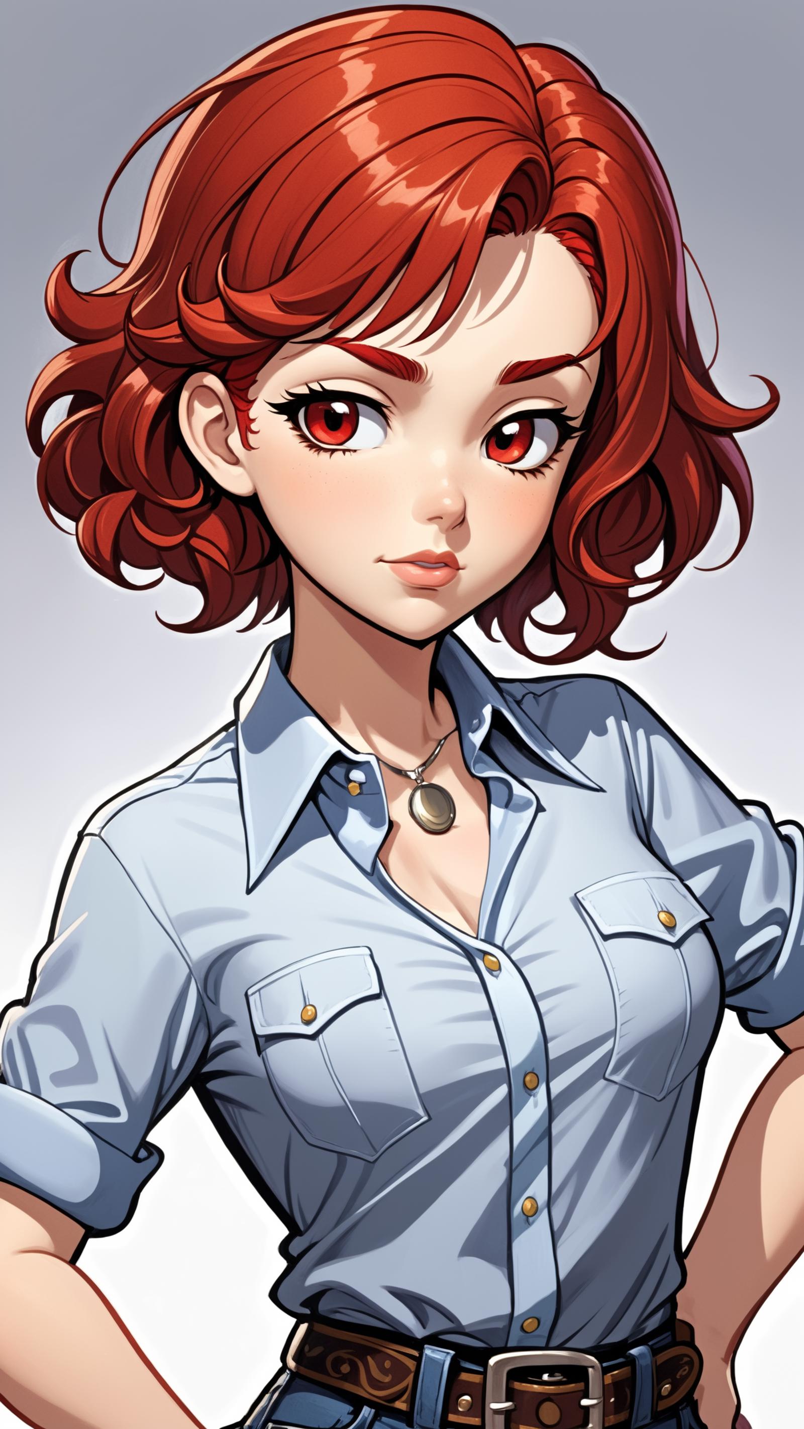 A cartoon illustration of a woman with red hair, wearing a blue shirt and a necklace.