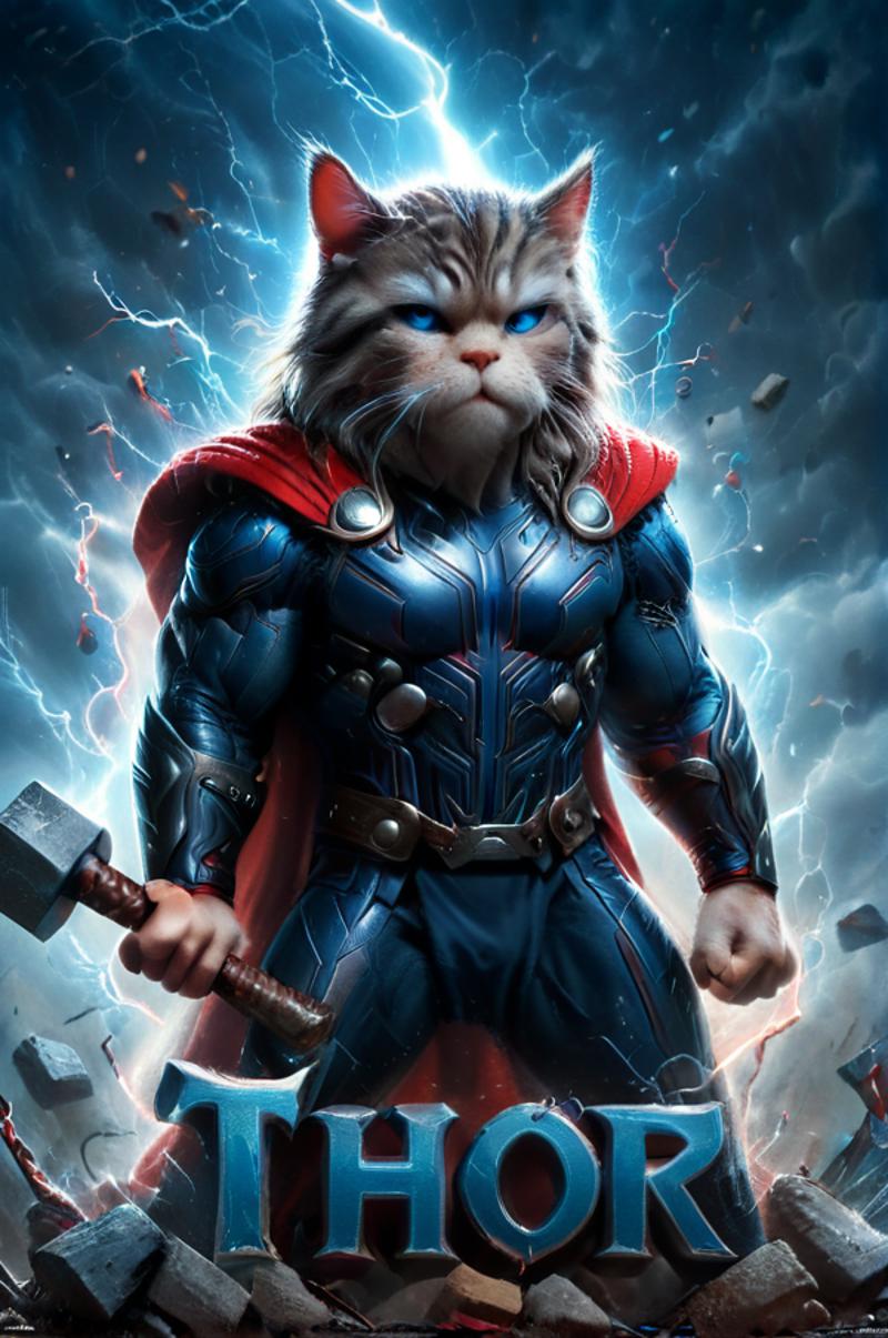 A cat dressed as Thor holds a hammer.