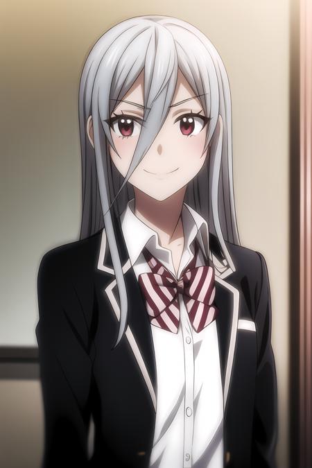 1girl, bow, bowtie, collared shirt, depth of field, silver hair, hair between eyes, jacket, long hair, looking at viewer, smile, red bow, red bowtie, school uniform, shirt, silver hair, solo, striped, striped bow, striped bowtie, upper body, white shirt, leona_miyamura, <lora:add_detail:0.7>