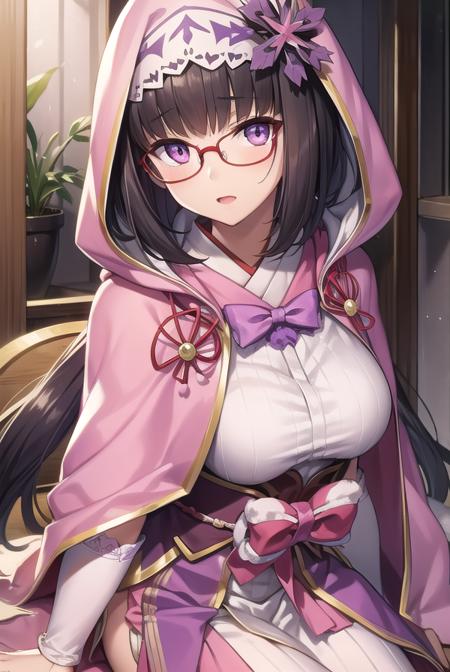 osakabehime, <lyco:osakabehime-lyco-nochekaiser:1>, 
osakabehime, black hair, gradient hair, long hair, low twintails, multicolored hair, (purple eyes:1.1), twintails, glasses, pink-framed eyewear,
BREAK cape, detached sleeves, hood, hood up, hooded cape, obi, yes, pink skirt, sandals, sash, skirt, tabi, white legwear, pink hood, pink cape,
BREAK looking at viewer,
BREAK indoors,
BREAK <lyco:GoodHands-beta2:1>, (masterpiece:1.2), best quality, high resolution, unity 8k wallpaper, (illustration:0.8), (beautiful detailed eyes:1.6), extremely detailed face, perfect lighting, extremely detailed CG, (perfect hands, perfect anatomy),