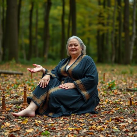 there is a woman sitting on the ground in the woods, robes with golden characters, outdoors business portrait, lush forest in background, inspired by Grethe Jürgens, sexy pudica pose gesture, disrobed, during autumn, relaxing after a hard day, older woman, fullbody photo, by Rajmund Kanelba, reclining, plus size woman