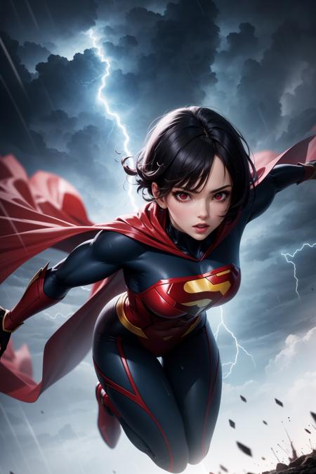 muscular lady in superman costume flying in sky, short black hair, red cape, glowing red eyes, storm, dark clouds, lightning, night, lightning, rain, particles, in the sky,