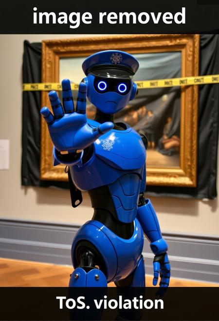 photograph of a blue police robot in winter parade uniform covering with a police hat. The peace keeping droid stands inside a museum. Looking at the viewer, it is extending its arm in a stop sign. Behind on the wall, we can see a painting covered with a black tarp and police tape.
Title reads "image removed" at the top of the image.
Subtitle reads "ToS violation" at the bottom.