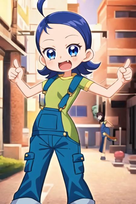 1girl, aksn_cs, blue eyes, short hair, blue hair, ahoge, bangs, forehead, blue overalls, green shirt, standing, looking at viewer, city <lora:aiko-senoo-casual:1>