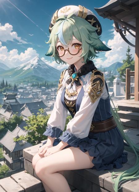 <lora:sucrose1-000009:1>, sucrosedef, full body, smile, blush, outdoors, day, simple background, blue sky, short hair, sky, temple, looking at viewer, sitting on stairs, mountain, moody lighting,