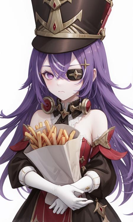 <lora:å¤æ²è¾-000019:1>,Chevreuse,1girl,food,food on face,solo,hat,purple hair,holding,eyepatch,french fries,long hair,gloves,eating,purple eyes,holding food,looking at viewer,white gloves,white background,bare shoulders,bangs,military hat,uniform,hair between eyes,simple background,chicken \(food\),, 1girl,
,  (masterpiece,best quality:1.2),absurdres