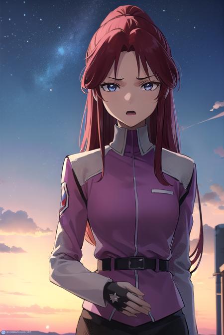 flay allster, long hair, (purple eyes:1.1), red hair, medium hair, (parted bangs:1.5), ponytail, skirt, gloves, jacket, white gloves, black skirt, uniform, military, military uniform, side slit, pencil skirt,