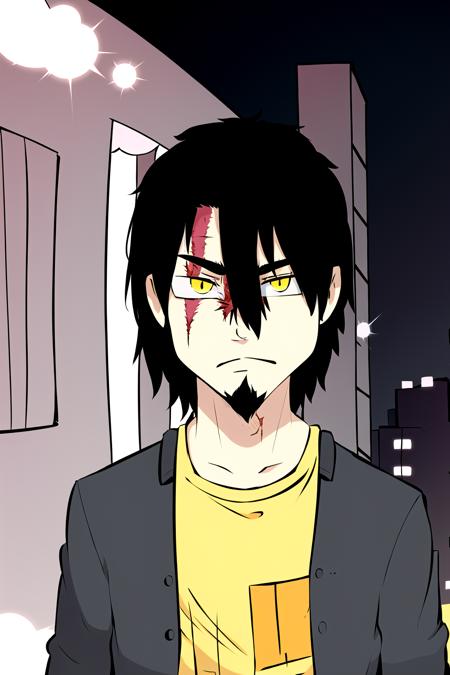 reyspar, solo, 1boy, black hair, male focus, facial hair, yellow eyes, goatee, scar, scar on face, scar on nose, jacket, shirt, t-shirt, city, city street, night <lora:reyspar5:1>