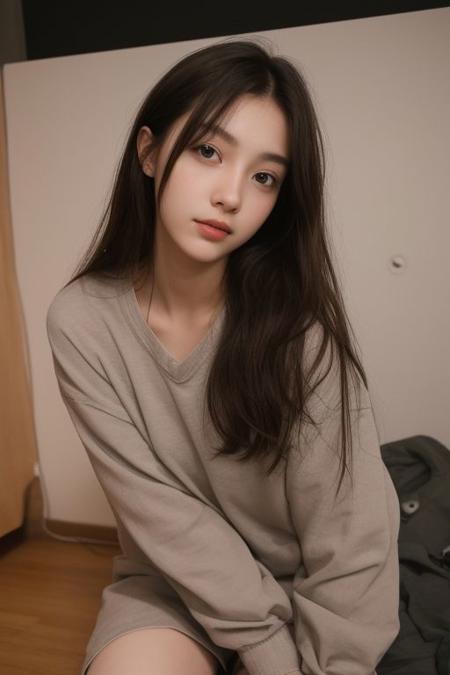 29 yo girl, Korean beauty, brunette, close-up, girl next door, baggy clothes, night, interior,
