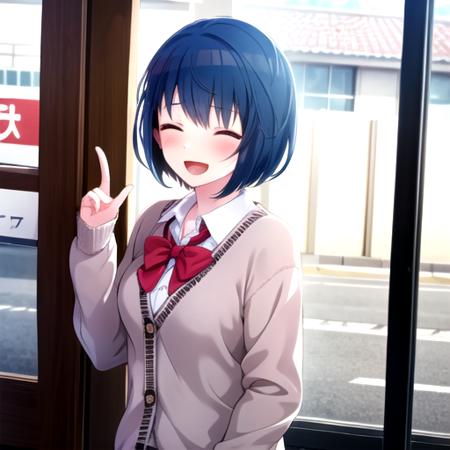 <lora:HarukaV2-07:0.75>,harukachan, blush, smile, open mouth, shirt, long sleeves, school uniform, closed eyes, upper body, :d, collared shirt, ^_^, cardigan