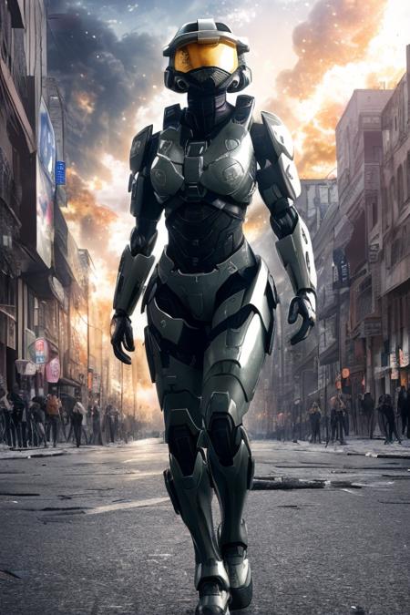Ultra HD, super realistic,a female robot quickly running on a city street in a defensive armor,((armor inside halo)), (high technology city in the war), (background  explosion on the street), Cinematography,Variety of Armor Textures,in the night,The camera shoots from a distance