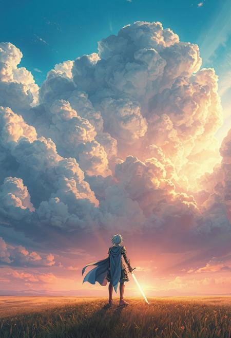 Vertical 9:16 anime-style sky in ultra-detailed 4K resolution. A vast, painterly sky stretches endlessly, filled with massive, textured clouds in complex folds, subtle contours, and soft ridges. Gaps between the clouds reveal patches of baby-blue sky and warm sunlight beams filtering downward. Below, the scene shifts to a mystical landscape where Saber from Fate/stay night stands in the center. She is in her iconic armor, with Excalibur in hand, the sword glowing faintly in the soft light. Her blue cape flows in the wind as she gazes into the horizon, ready for battle. The atmosphere is dreamy and emotional, with pastel colors of blue, pink, and golden light blending together. The background is ethereal and magical, filled with soft edge lighting, layered depth, and a subtle ambient haze, creating a nostalgic, cinematic mood."