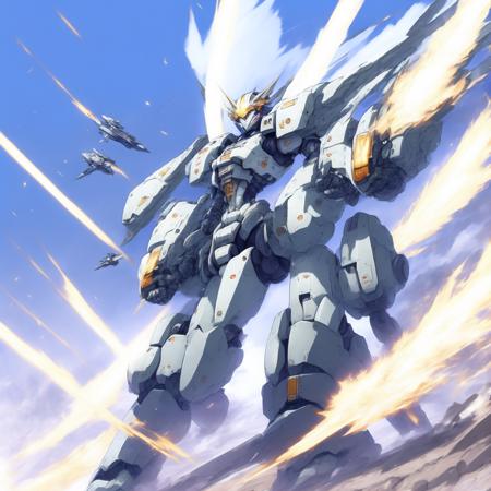 anime Mecha Battle, lasers, explosions, fire, destroyed structures, Mobile Suit Gundam Fighting (GundamFight style:1) <lora:djzGundamFight:0.8)