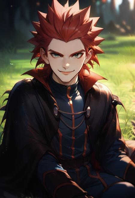 1boy, male focus, red hair, spiked hair,  blue bodysuit, long sleeves, black cape,