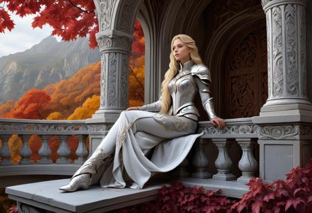 Highly detailed and dramatic digital artwork featuring a fantasy scene. The layout is vertical, focusing on a beautiful female character seated on a stone balcony adorned with intricate carvings. The woman has a long, flowing blonde hair and fair skin, wearing a detailed, futuristic white and silver armor with ornate designs over her curvy alluring body. Her expression is serene and contemplative. The background includes a stone archway with red and purple autumn leaves cascading around, adding a vibrant contrast to the scene. The overall color palette is a mix of soft whites, grays, and warm autumn hues, creating a harmonious and ethereal atmosphere.