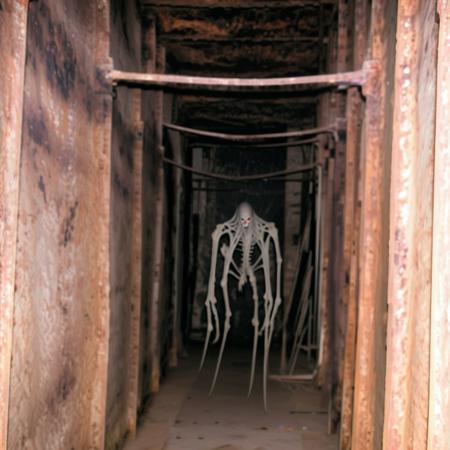 strange monster, long hallway, cobwebs